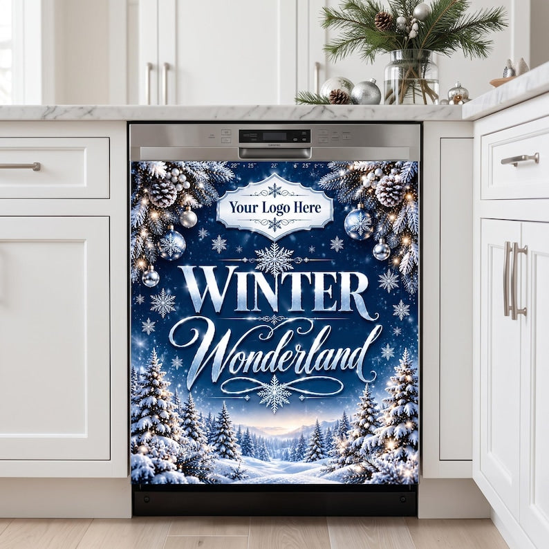 May include: A dishwasher magnetic cover featuring a deep blue winter scene with snow-covered pine trees, silver ornaments, and pinecones. The text reads "Your Logo Here" and "WINTER Wonderland" in white and silver decorative lettering.