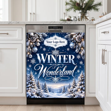 May include: A dishwasher magnetic cover featuring a deep blue winter scene with snow-covered pine trees, silver ornaments, and pinecones. The text reads "Your Logo Here" and "WINTER Wonderland" in white and silver decorative lettering.