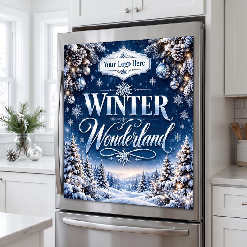 May include: A rectangular magnetic refrigerator cover featuring a dark blue winter scene with snow-covered pine trees, hanging ornaments, and pinecones. The text reads "Your Logo Here" and "WINTER Wonderland" in white lettering.