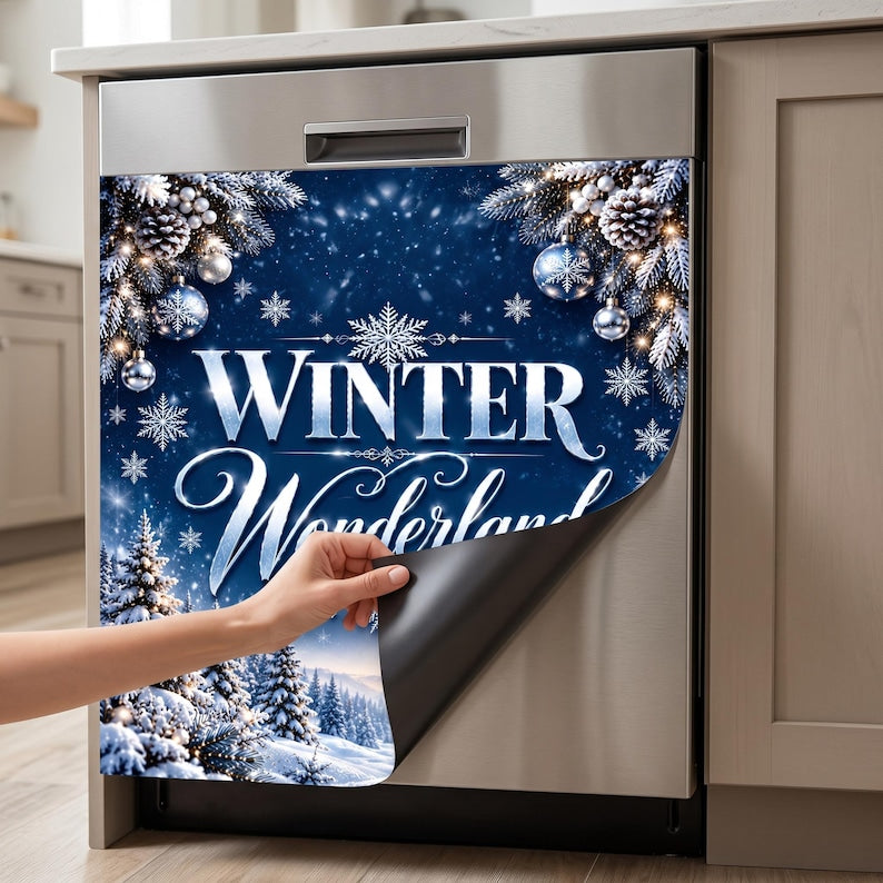 May include: A magnetic dishwasher cover featuring a dark blue winter scene with snow-covered pine trees, silver ornaments, and white snowflakes. The text Winter Wonderland is printed in large white lettering across the centre of the design.