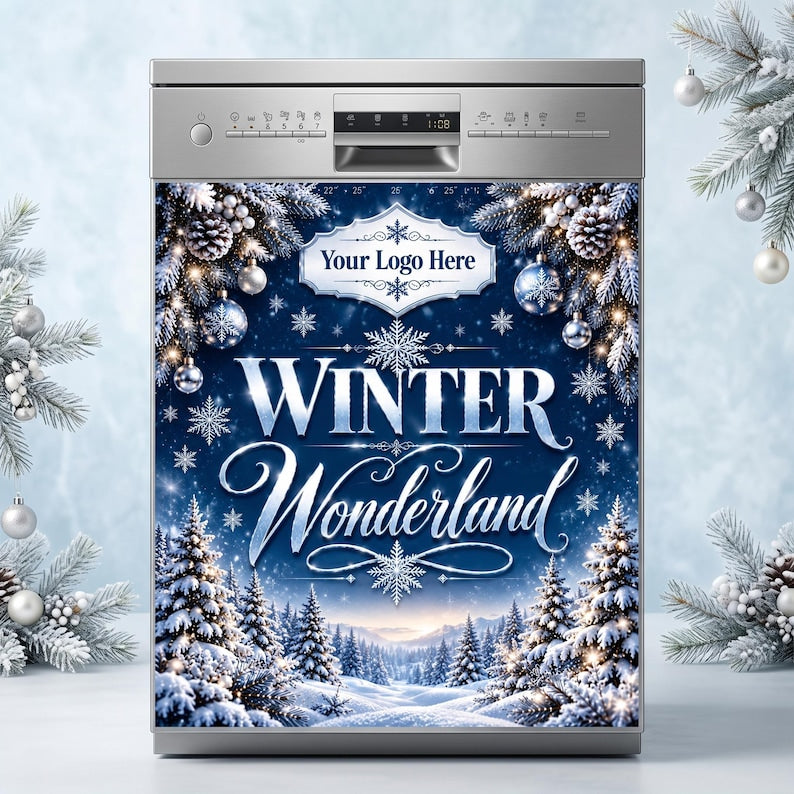 May include: A stainless steel dishwasher featuring a magnetic cover with a winter wonderland theme. The design displays a snowy forest, pine trees, snowflakes, and ornaments in shades of blue and white, with the text Your Logo Here.