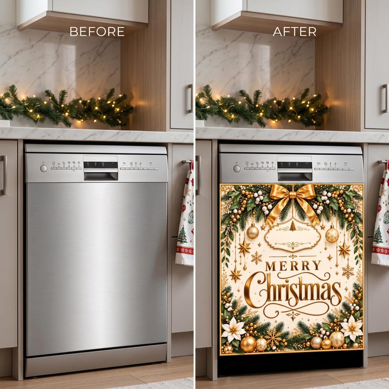 May include: A dishwasher cover featuring a cream background with gold and green Christmas decorations, including pine branches, ornaments, stars, and a large gold bow. The text reads "Your Logo Here" and "MERRY Christmas" in elegant gold lettering.