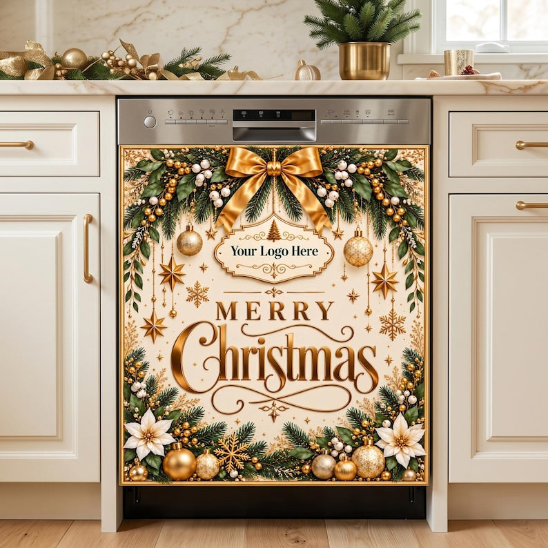 May include: A dishwasher cover featuring a cream background with gold and green Christmas decorations, including pine branches, ornaments, stars, and a large gold bow. The text reads "Your Logo Here" and "MERRY Christmas" in elegant gold lettering.