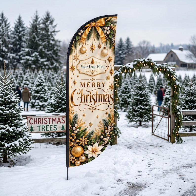 May include: A tall, curved feather flag featuring a cream background with gold and green Christmas-themed decorations, including ornaments, pine branches, and a poinsettia. The text reads Your Logo Here and Merry Christmas.