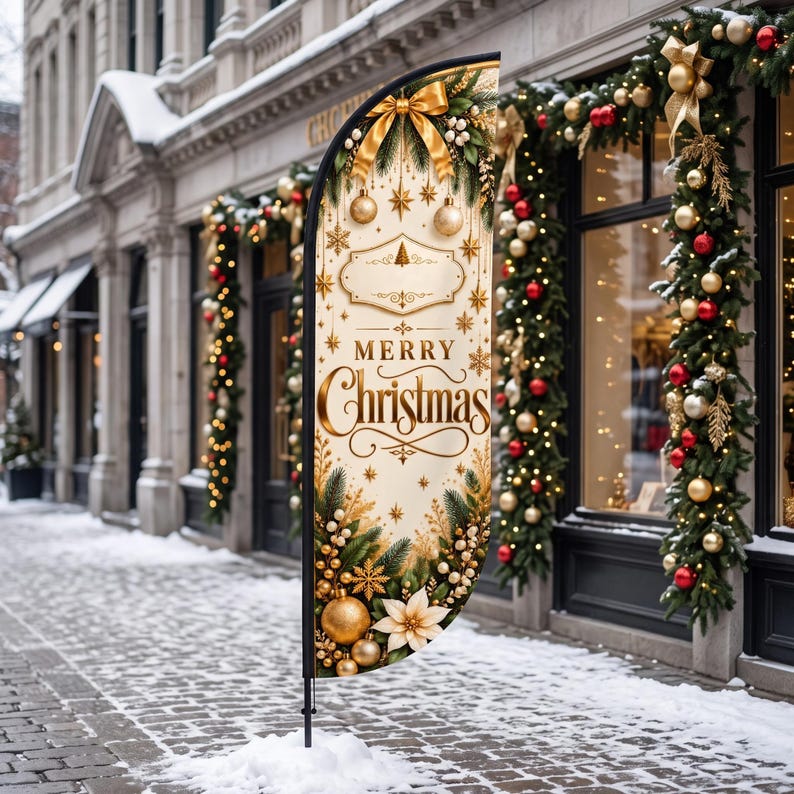 May include: A vertical feather flag featuring a cream-coloured background with the text Merry Christmas in gold script. The design includes gold ornaments, pine branches, white poinsettia flowers, and gold stars, framed by a gold ribbon bow.