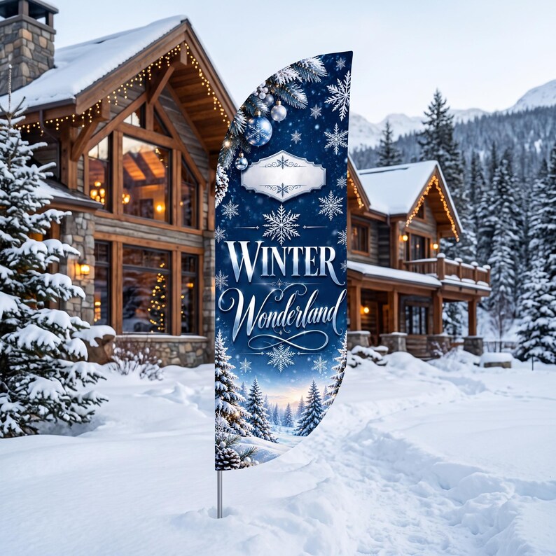 May include: A vertical feather flag featuring a deep blue background with white snowflakes, silver ornaments, and the text Winter Wonderland in elegant white script. The base of the flag displays a snowy forest landscape scene.