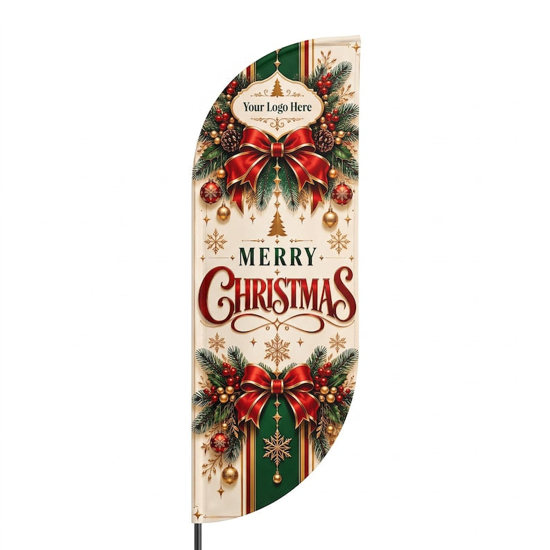 May include: A feather flag featuring a cream background with red and green accents. It displays the text Your Logo Here and Merry Christmas in stylised fonts. The design includes pine branches, red bows, gold ornaments, and snowflakes.