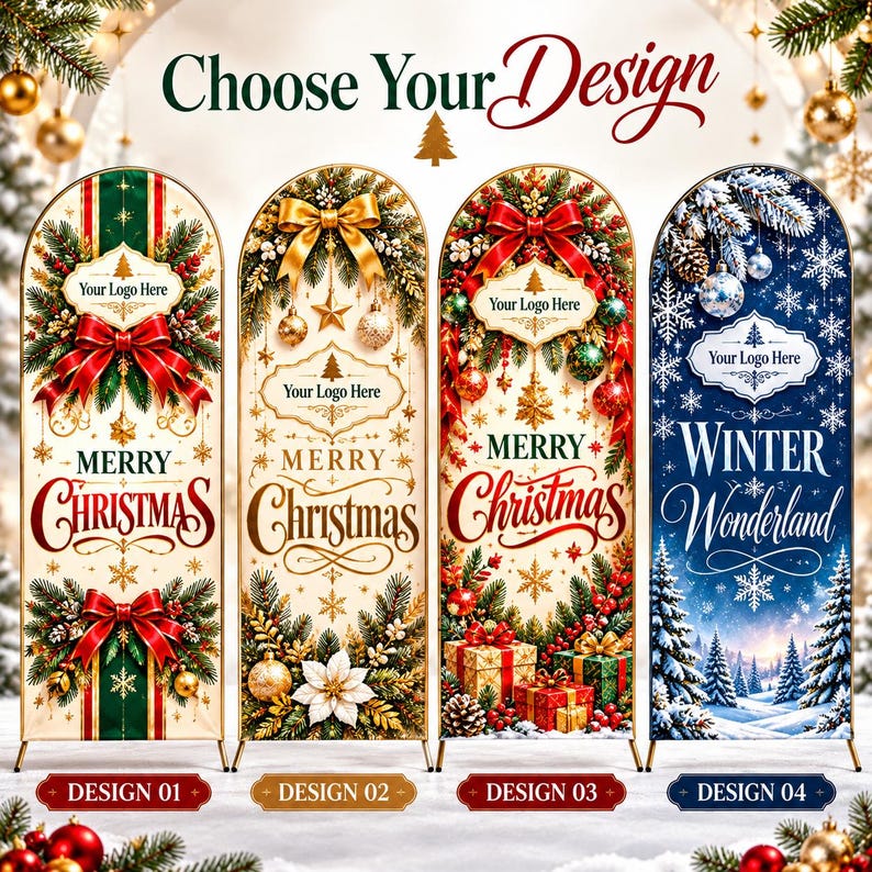 May include: Four arched vertical banners labelled Design 01, 02, 03, and 04. Each features Christmas themes with text reading Choose Your Design, Merry Christmas, or Winter Wonderland, and placeholders for Your Logo Here with festive graphics.