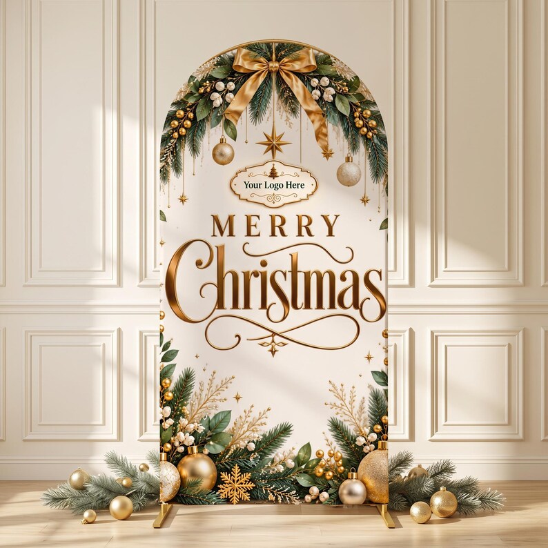 May include: An arched backdrop stand featuring a cream-coloured fabric cover printed with the text Merry Christmas in gold lettering. The design includes green pine branches, gold ornaments, white berries, a gold bow, and a logo placeholder.