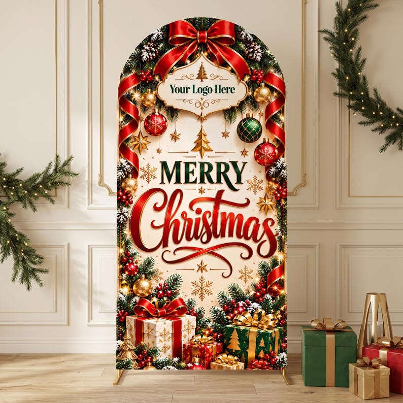May include: An arched Christmas backdrop featuring a large red bow at the top, red and green ornaments, pine branches, and gift boxes. The centre displays the text "Merry Christmas" in red and green script, with a "Your Logo Here" placeholder.