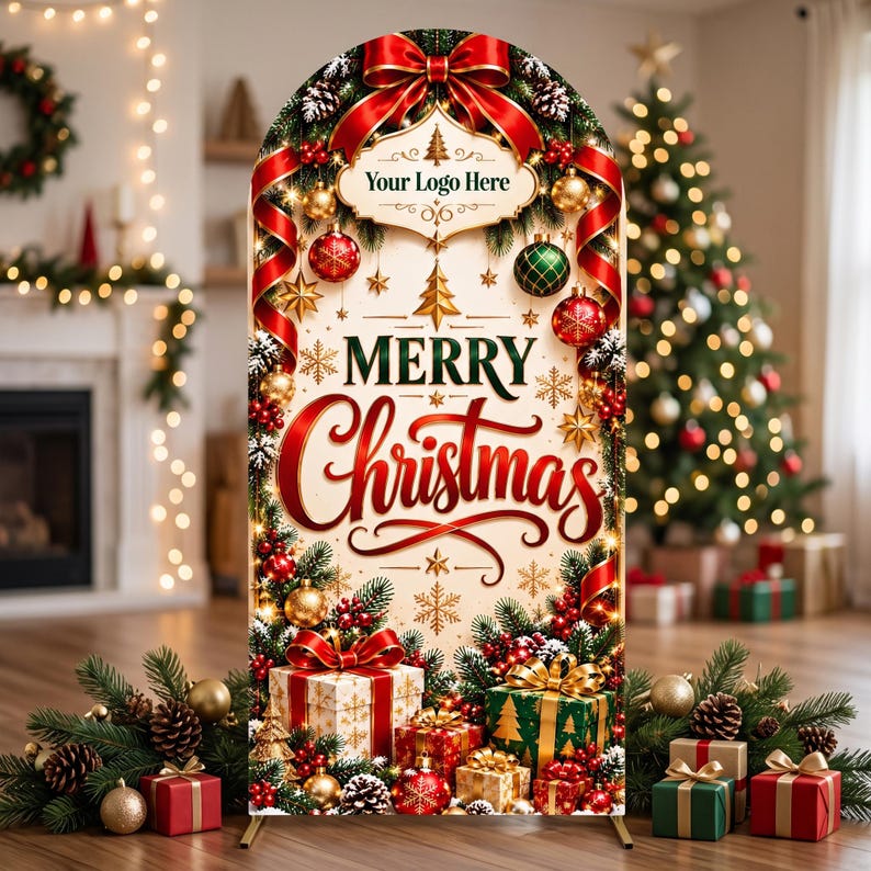 May include: An arched Christmas backdrop display featuring a cream background with the text Merry Christmas in red and green. The design includes red ribbons, gold ornaments, pine branches, and gift boxes. A placeholder reads Your Logo Here.