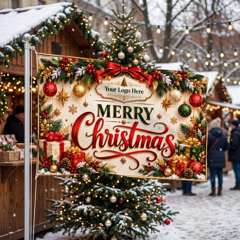 May include: A rectangular horizontal flag featuring the text Merry Christmas in large red and green script. The design includes a cream background, a top banner with a red bow, pine branches, red and gold ornaments, and gift boxes.