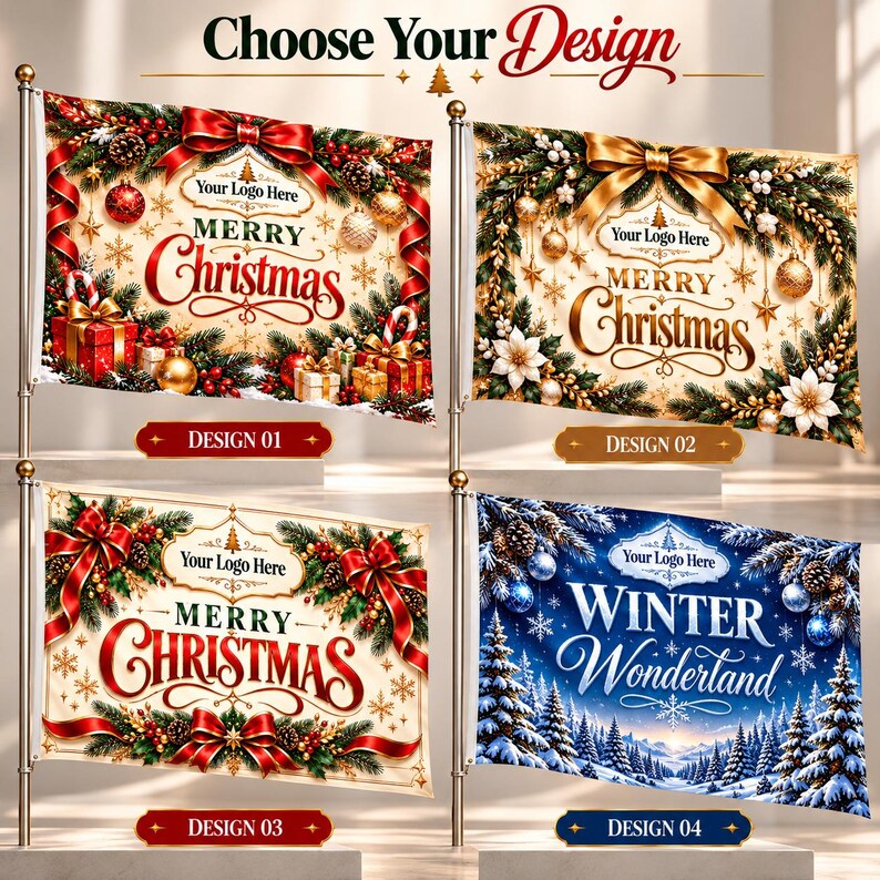 May include: Four rectangular flags on metal poles labelled Choose Your Design. Design 01 features red ribbons and gifts. Design 02 has gold accents and poinsettias. Design 03 displays red bows and greenery. Design 04 shows a blue winter forest scene.