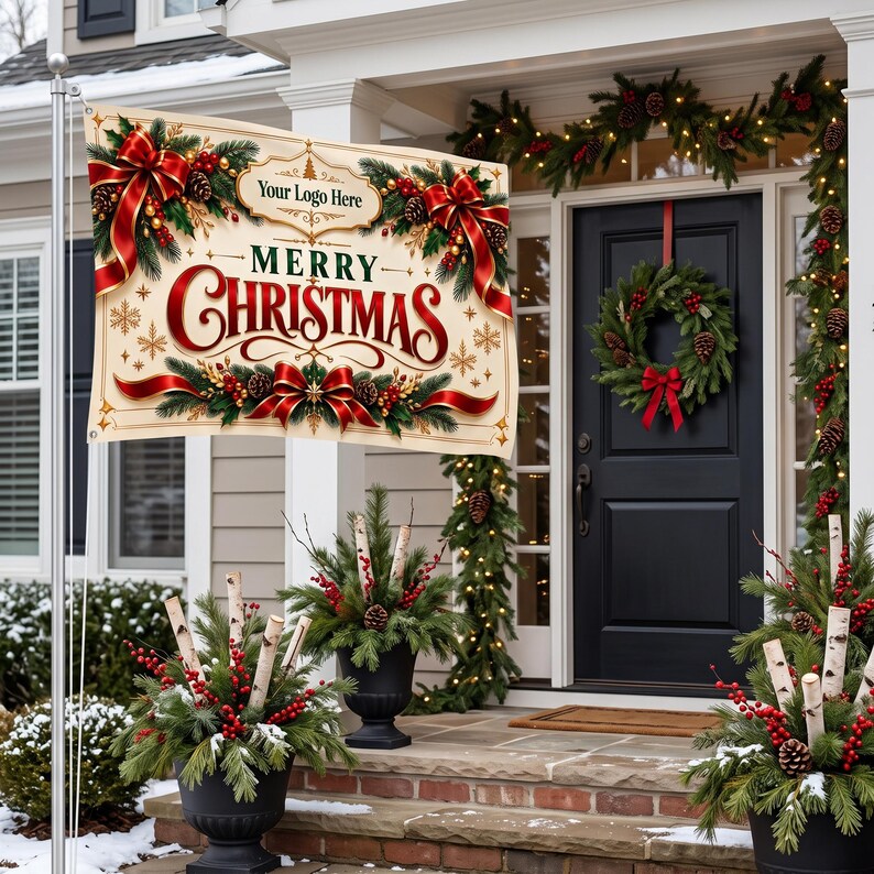 May include: A rectangular garden flag featuring a cream background with the text Merry Christmas in red and green, decorated with red ribbons, pine branches, pinecones, and a placeholder frame labelled Your Logo Here.