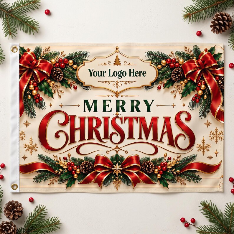 May include: A rectangular garden flag featuring the text "MERRY CHRISTMAS" in large red letters and "Your Logo Here" in a central gold frame. The design includes green pine branches, red ribbons, gold berries, and pinecones.