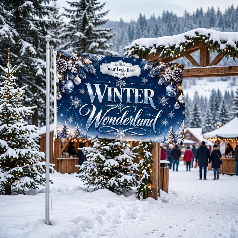 May include: A rectangular flag on a metal pole featuring a dark blue background with the text "Winter Wonderland" in white script and "Your Logo Here" in a banner. The design includes white snowflakes, pine branches, and blue ornaments.