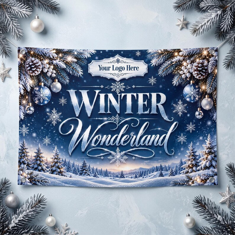 May include: A rectangular banner featuring a dark blue winter landscape with snow-covered pine trees and mountains. The text reads "Your Logo Here" and "WINTER Wonderland" in white and silver. Decorated with snowflakes, pine branches, and ornaments.