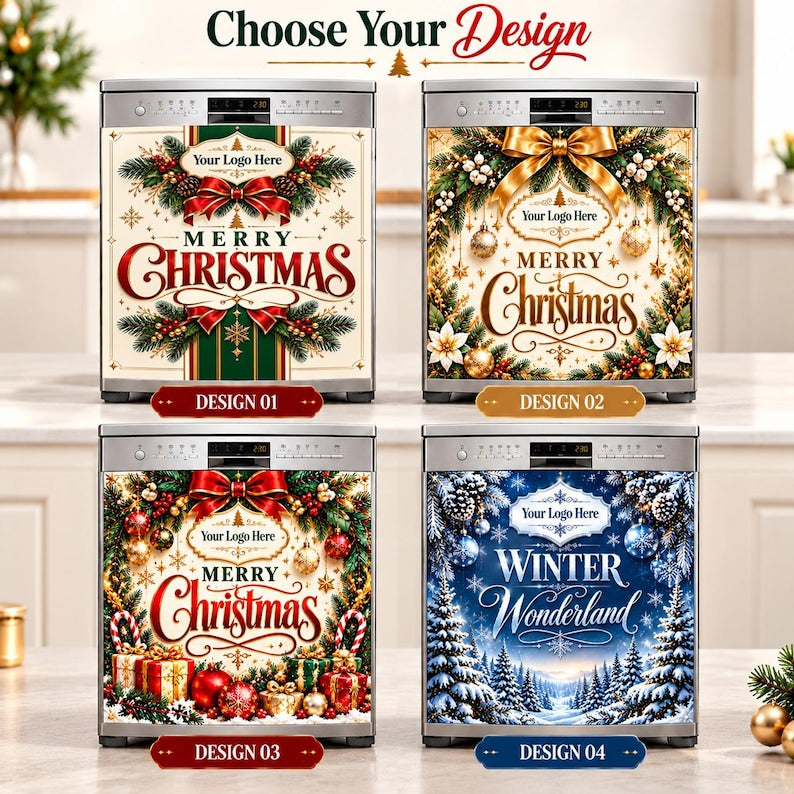 May include: Four dishwasher magnetic covers featuring holiday designs. Design 01 has red bows and greenery. Design 02 features a gold bow and ornaments. Design 03 shows gifts and ornaments. Design 04 depicts a snowy forest scene with the text Winter Wonderland.