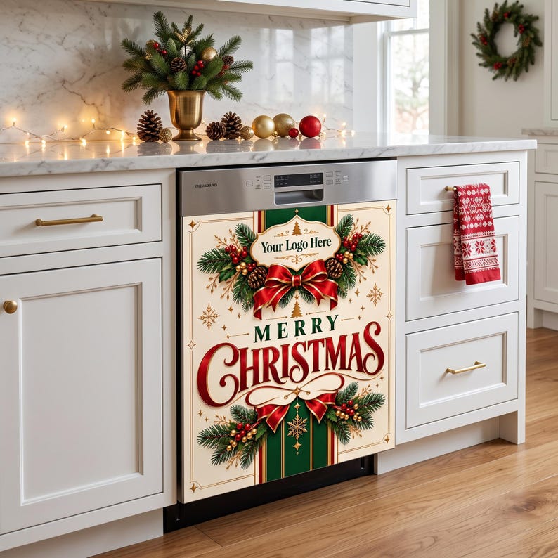 May include: A dishwasher magnetic cover featuring a cream background with a red and green Christmas design. The graphic includes pine branches, pinecones, red ribbons, and the text Merry Christmas with a placeholder for Your Logo Here.