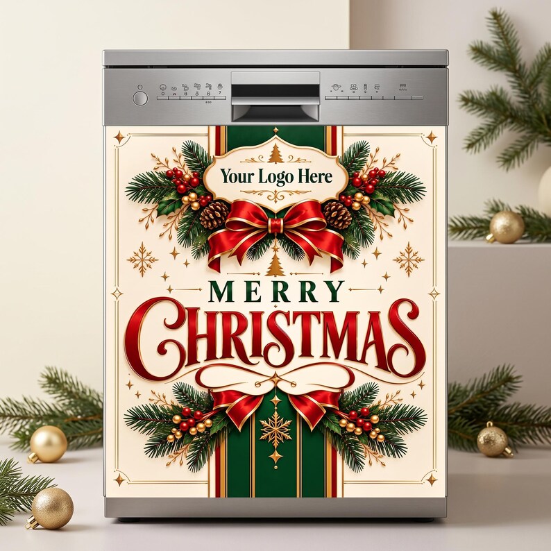 May include: A stainless steel dishwasher featuring a decorative magnetic cover with a cream background, green vertical stripes, red bows, pine branches, and gold berries. The text reads Your Logo Here and Merry Christmas.
