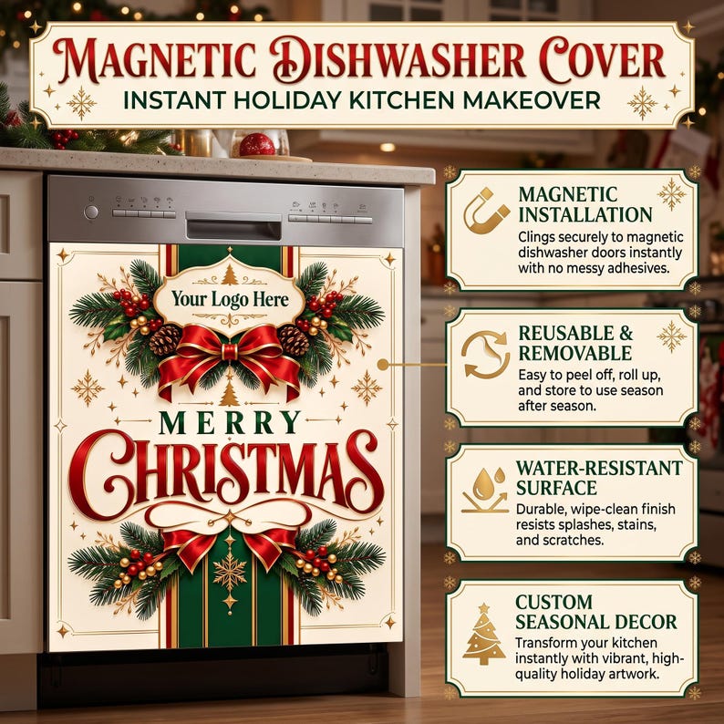 May include: A magnetic dishwasher cover featuring a cream background with green and red holiday accents, pine branches, pinecones, and red bows. The text reads Merry Christmas and Your Logo Here. It includes magnetic installation and water-resistant surface details.