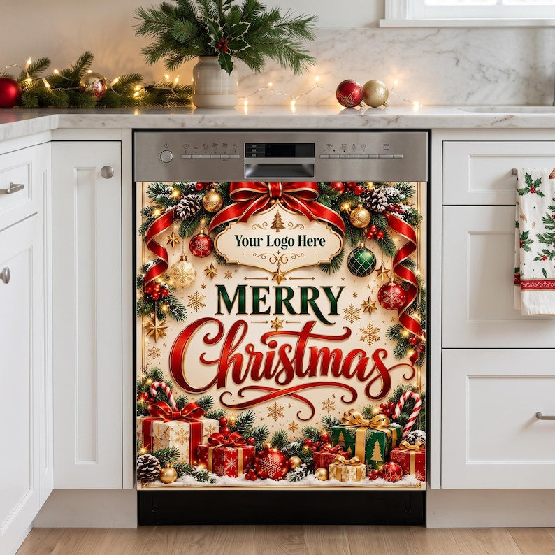 May include: A dishwasher magnetic cover featuring a Merry Christmas design with red ribbons, gold ornaments, pine branches, and wrapped gifts. The centre includes a decorative plaque with the text Your Logo Here above the words Merry Christmas.