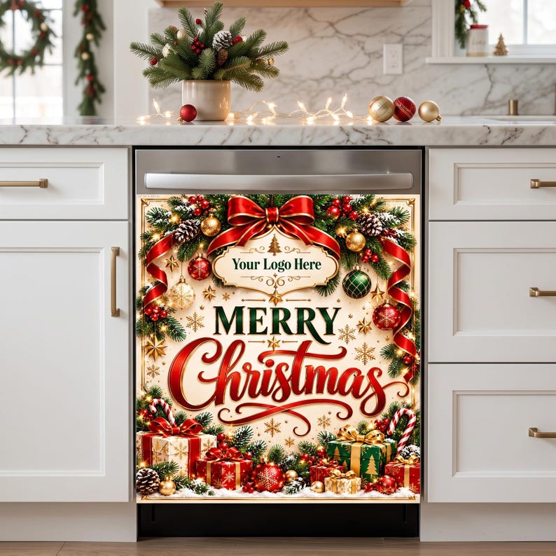 May include: A magnetic dishwasher cover featuring a festive Christmas theme with a red bow, pine branches, ornaments, and wrapped gifts. The design includes the text Merry Christmas and a central label area with the text Your Logo Here.