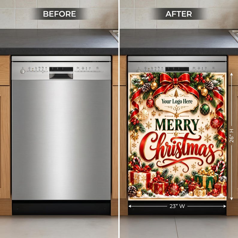 May include: A magnetic dishwasher cover featuring a festive Christmas design with red ribbons, ornaments, pine branches, and wrapped gifts. The text reads 'Your Logo Here' and 'MERRY Christmas'. A measuring tool indicates dimensions of 58.42 cm wide by 66.04 cm high.