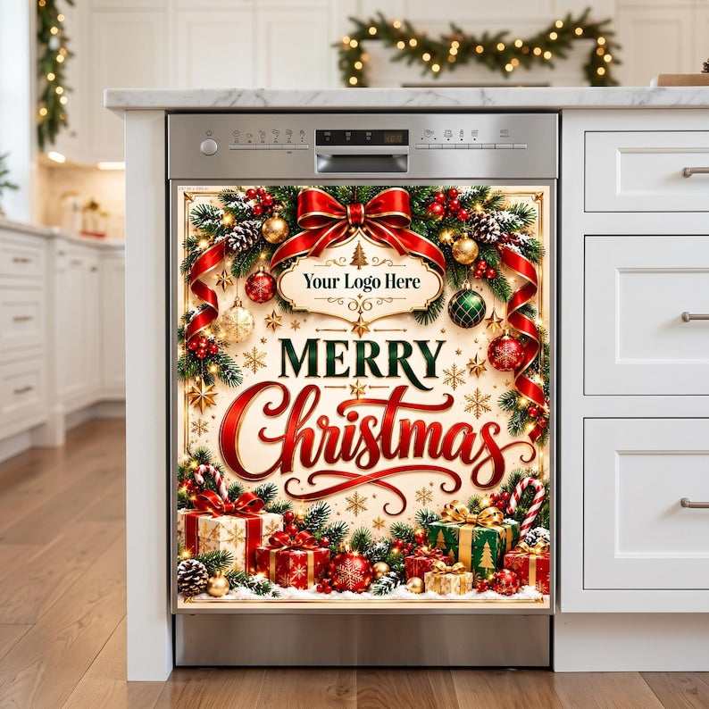 May include: A stainless steel dishwasher featuring a decorative magnetic cover with a Christmas theme. The design includes a red ribbon, pine branches, ornaments, and gift boxes, with the text Your Logo Here and Merry Christmas.