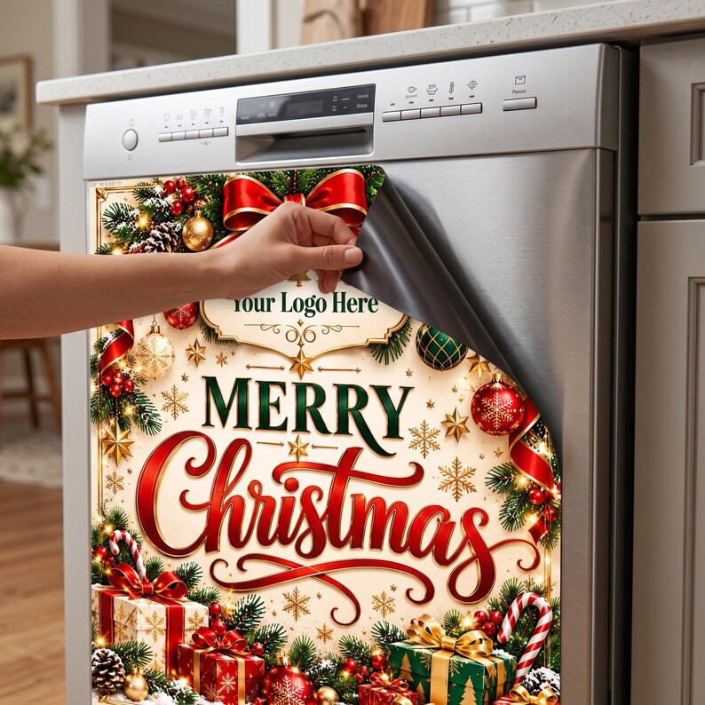 May include: A magnetic dishwasher cover featuring a festive Christmas design with red and green ornaments, pine branches, gift boxes, and the text Merry Christmas. The cover has a cream background and a placeholder for a logo at the top.