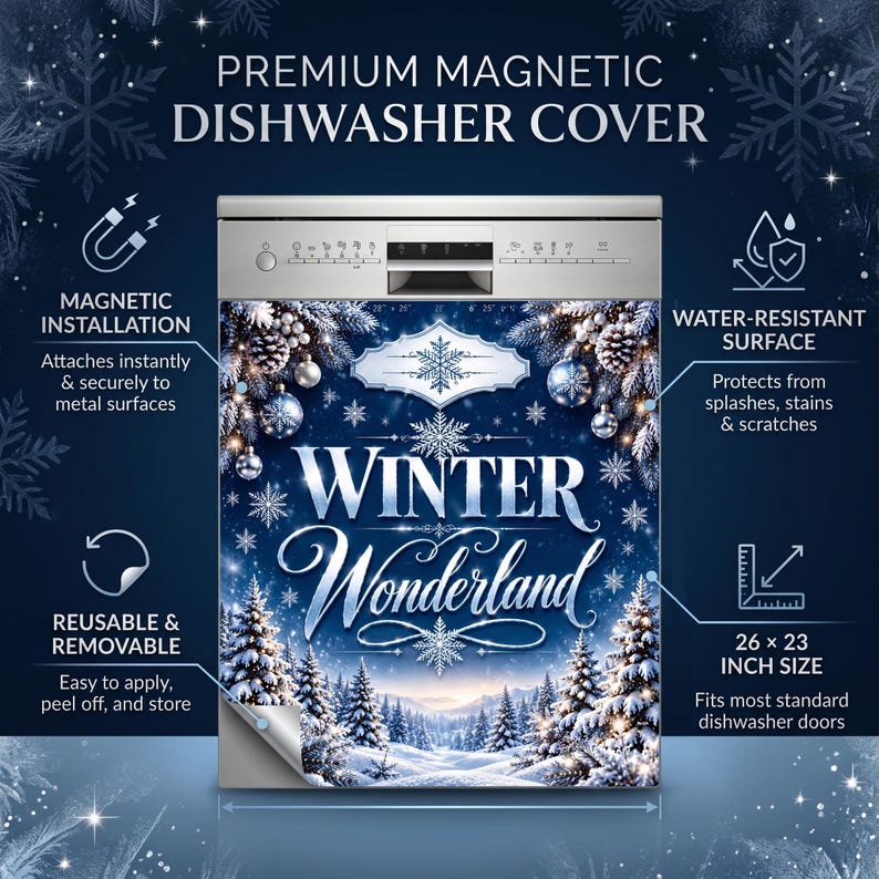 May include: A magnetic dishwasher cover featuring a Winter Wonderland theme with snowy pine trees, ornaments, and snowflakes on a dark blue background. The cover measures 26 by 23 inches and includes text labels for magnetic installation, water-resistant surface, and reusable design.