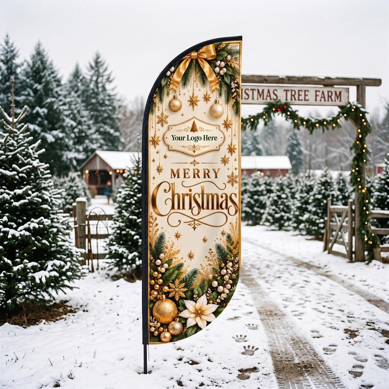 May include: A vertical feather banner featuring a cream background with gold and green Christmas decorations, including ornaments, pine branches, and a poinsettia. The text reads Your Logo Here and Merry Christmas in gold script.