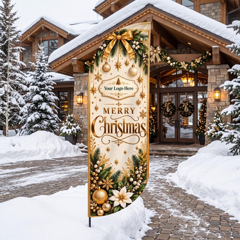May include: A tall, curved feather flag featuring a cream background with gold and green Christmas-themed decorations, including ornaments, pine branches, and a poinsettia. The text reads Your Logo Here and Merry Christmas.