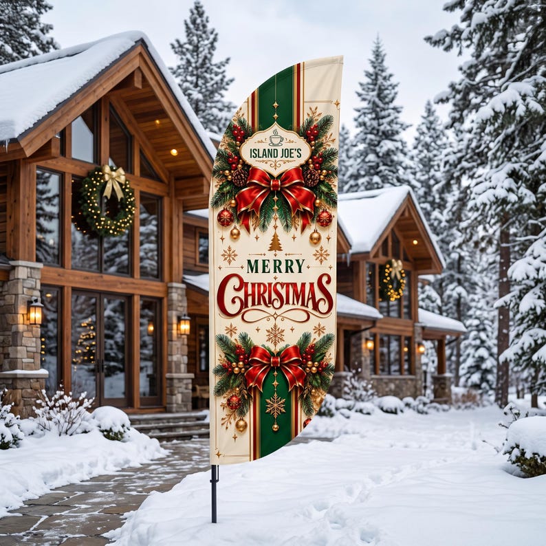 May include: A vertical feather flag featuring a cream background with a central green stripe. It displays the text Island Joe's and Merry Christmas in red and gold. The design includes red bows, pine branches, pinecones, and gold ornaments.