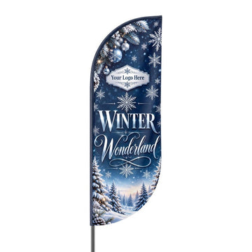 May include: A vertical feather banner featuring a dark blue winter theme with white snowflakes, pine trees, and silver ornaments. The text reads Your Logo Here, WINTER, and Wonderland in white and silver lettering against a snowy forest background.