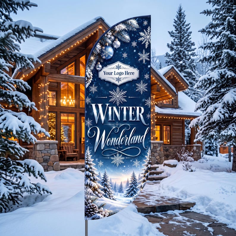 May include: A vertical feather banner featuring a dark blue winter theme with white snowflakes, pine trees, and silver ornaments. The text reads Your Logo Here, WINTER, and Wonderland in white and silver lettering against a snowy forest background.