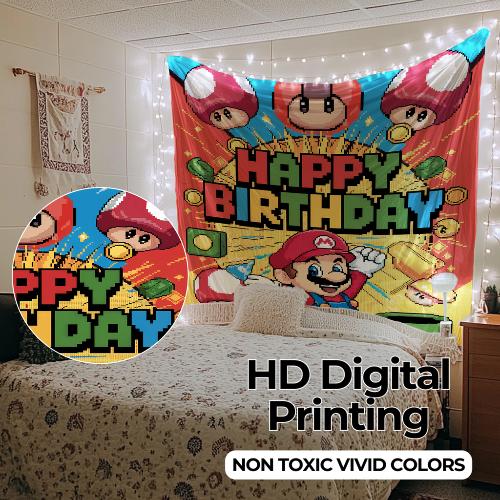 HAPPY BIRTHDAY MARIO INSPIRED WALL TAPESTRY