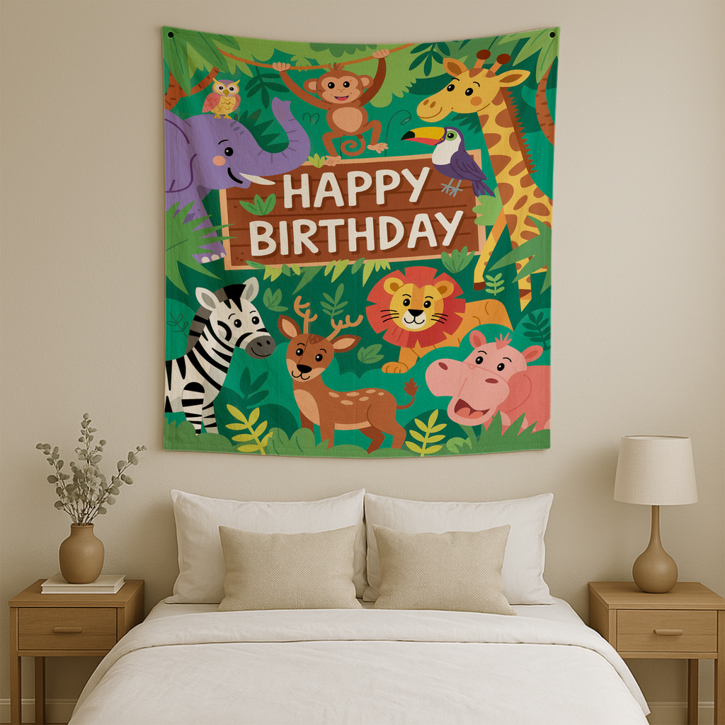 HAPPY BIRTHDAY JUNGLE VERSION WALL TAPESTRY