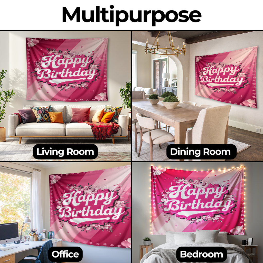 HAPPY BIRTHDAY PINK COLOUR WALL TAPESTRY
