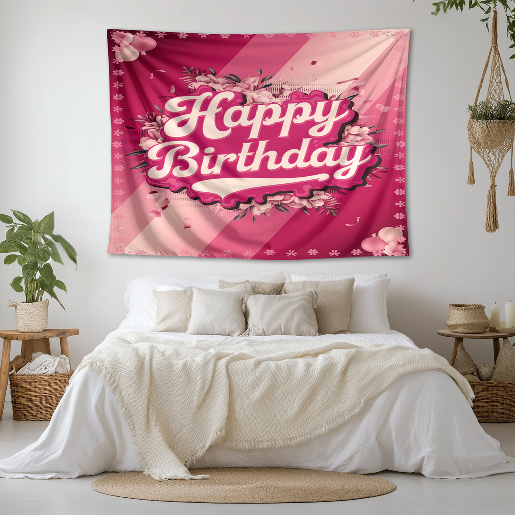 HAPPY BIRTHDAY PINK COLOUR WALL TAPESTRY